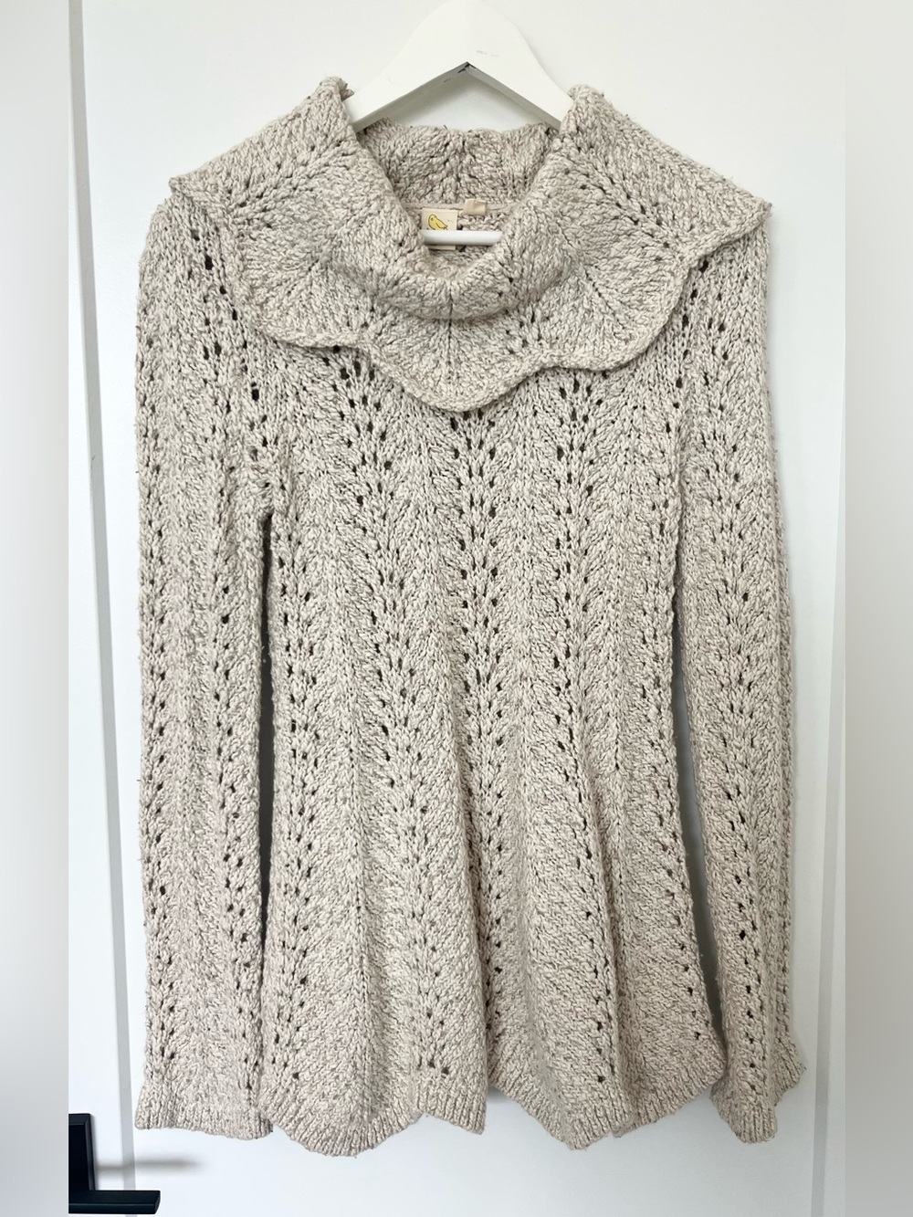 Anthropologie Yellow Bird Sparkle Scalloped Cowl Knit Sweater Beige S